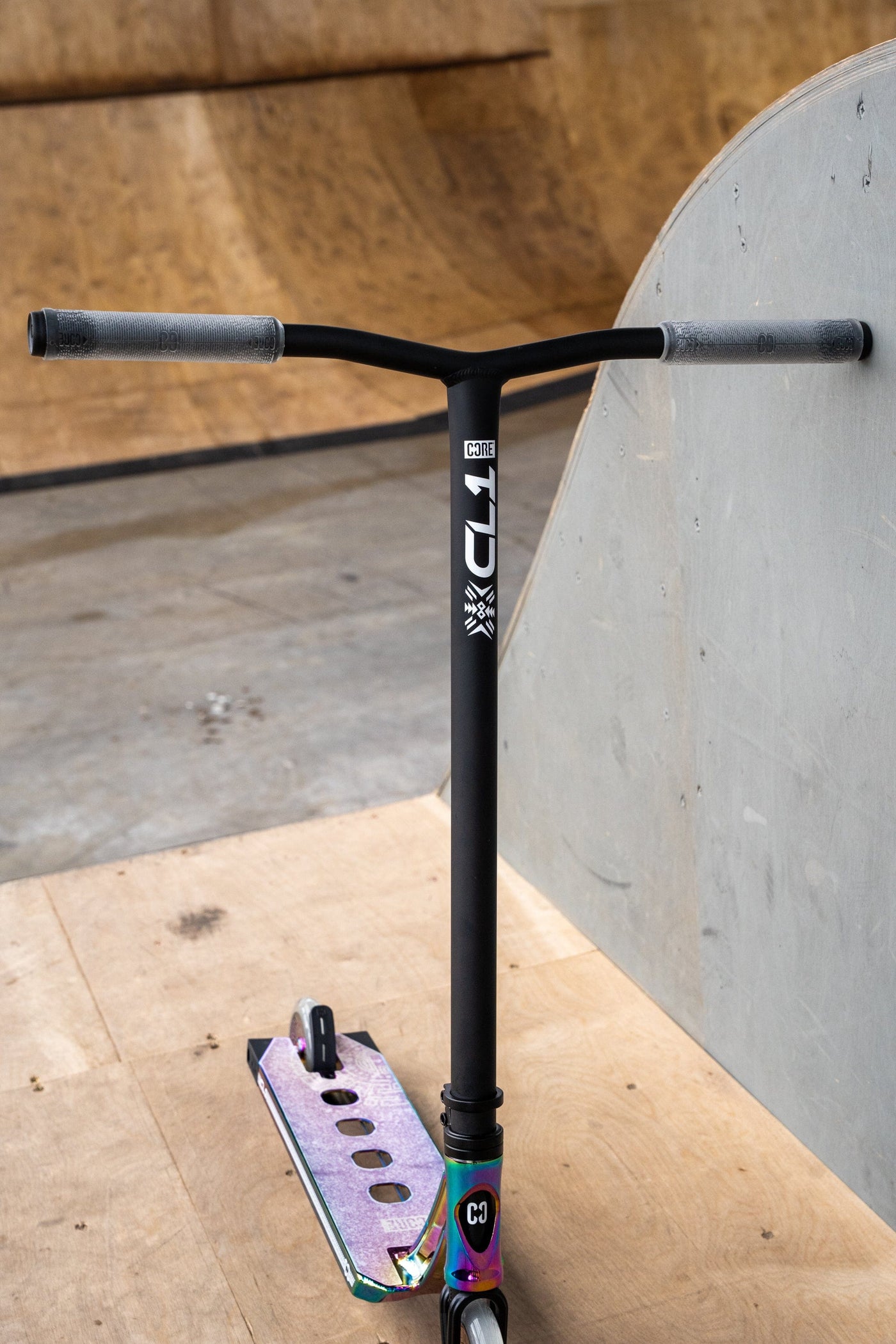 CORE CL1 Complete Stunt Scooter Black & Neo I Adult Stunt Scooter Alternate Leaning Angle