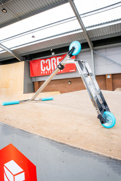 CORE CL1 Complete Stunt  Scooter Chrome & Teal I Adult Stunt Scooter Skatepark Bottom Alternate Angle