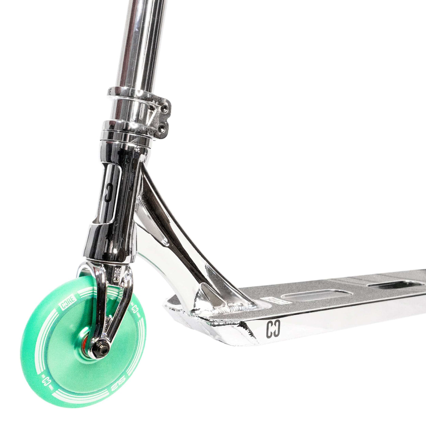 CORE SL2 Stunt Scooter Chrome & Teal I Adult Stunt Scooter Zoomed Front
